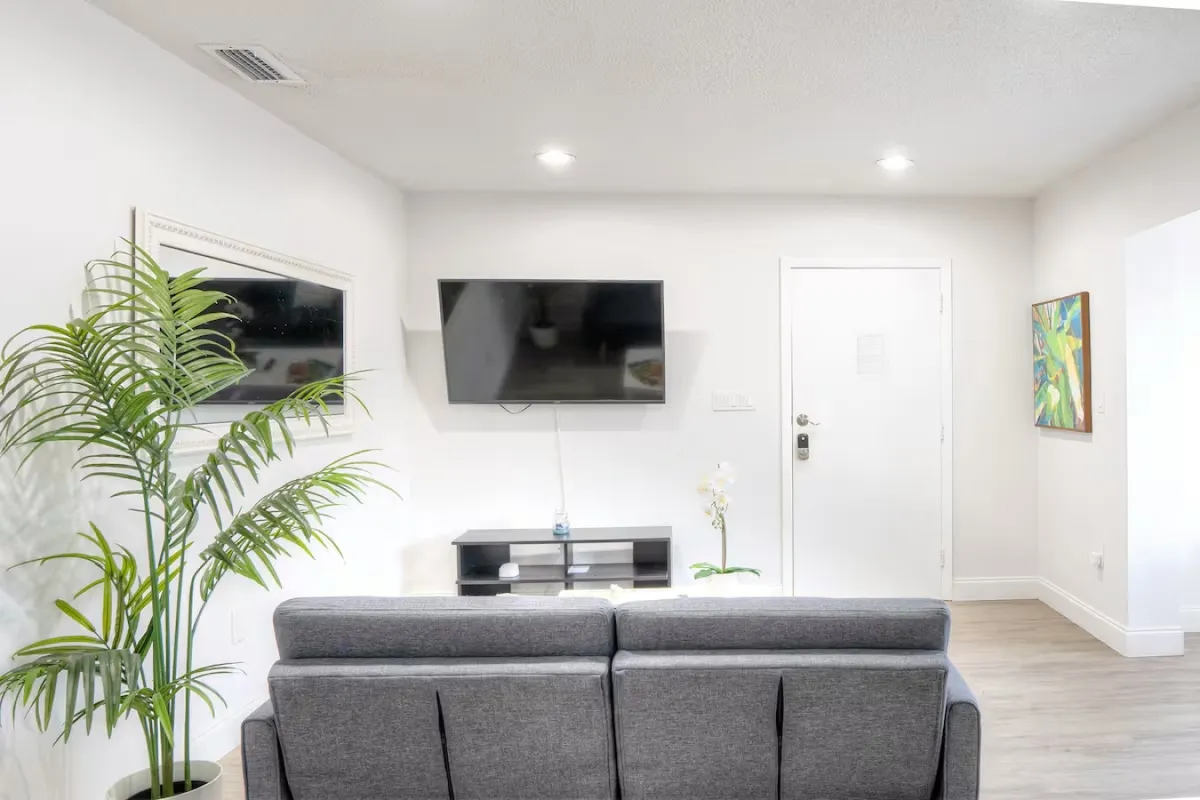 This inviting interior scene showcases a modern sofa facing a television, with lush greenery and colorful artwork adding vibrant touches. The room feels cozy and conducive to winding down, perfectly set up for a night of entertainment or restful lounging.